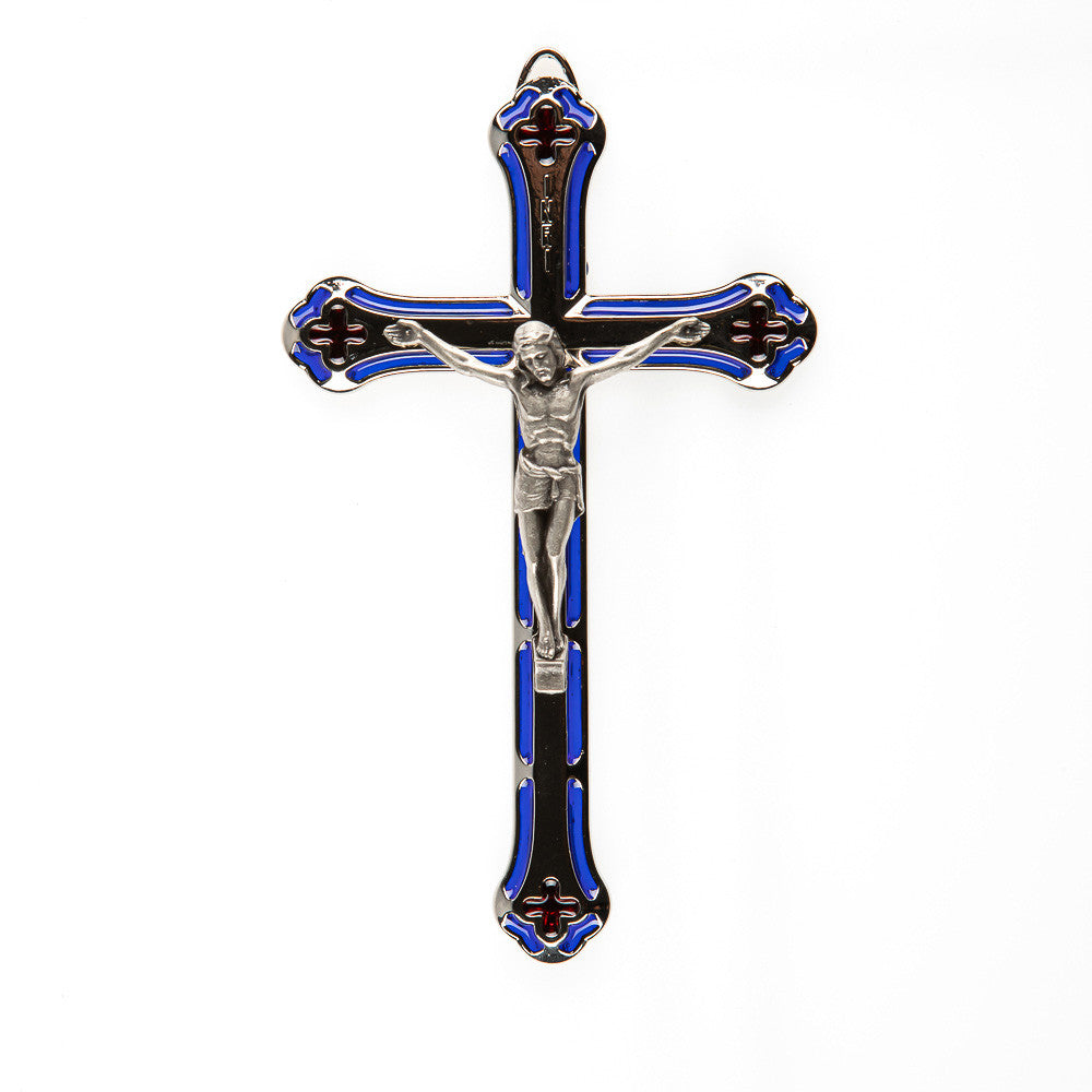Metallkreuz mit Emaille silber / blau