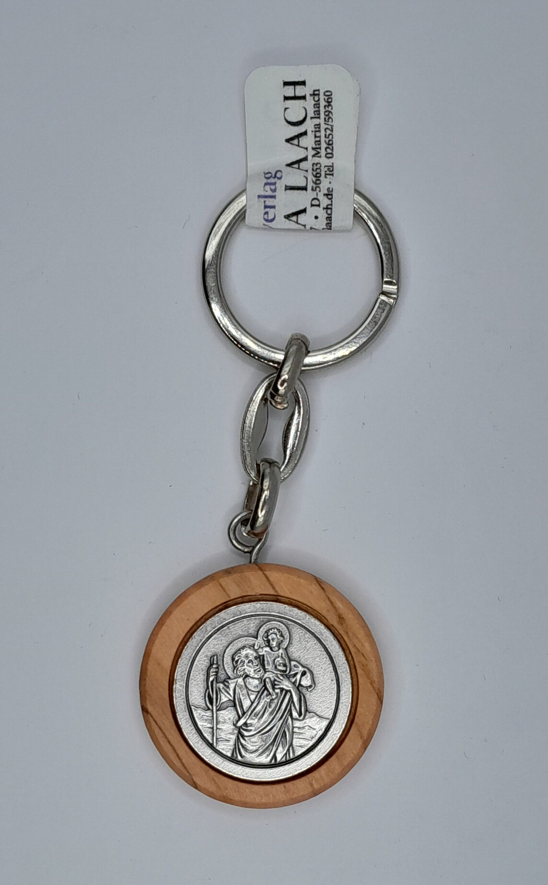 Schlüsselanhänger Christophorus, Holz und Metall