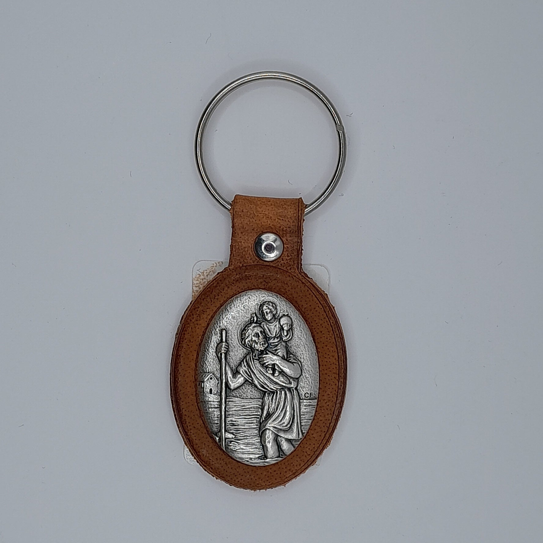Schlüsselanhänger Christophorus, Metall und Leder