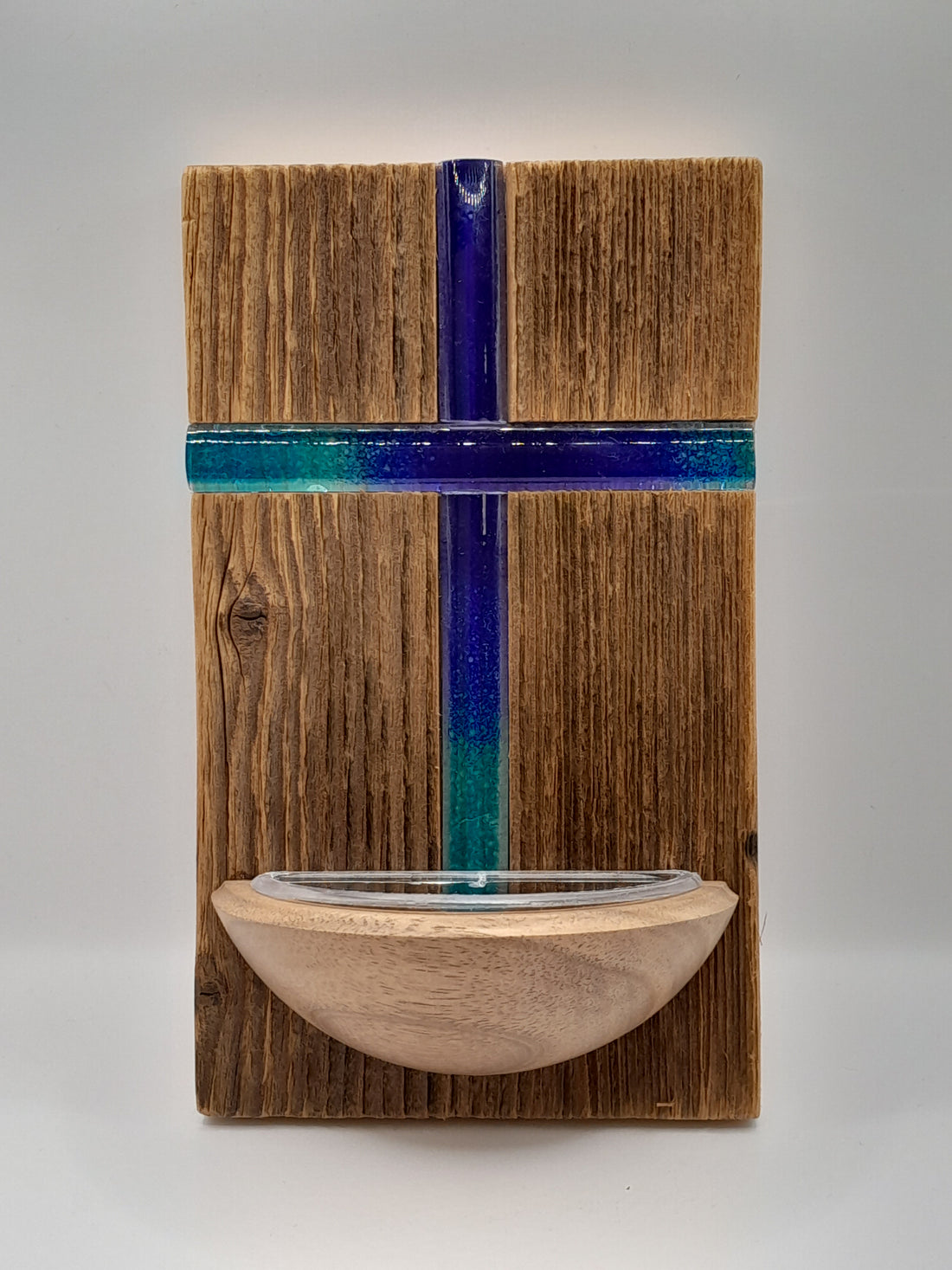 Weihwasserkessel Holz/Glas "Glaskreuz blau/grün"