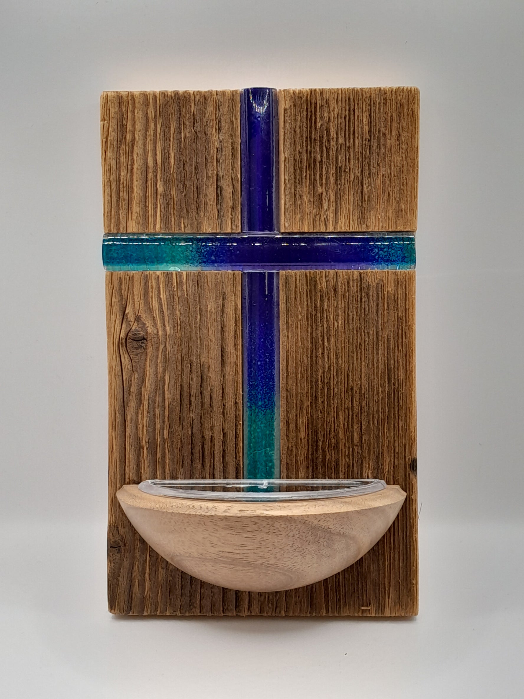 Weihwasserkessel Holz/Glas "Glaskreuz blau/grün"