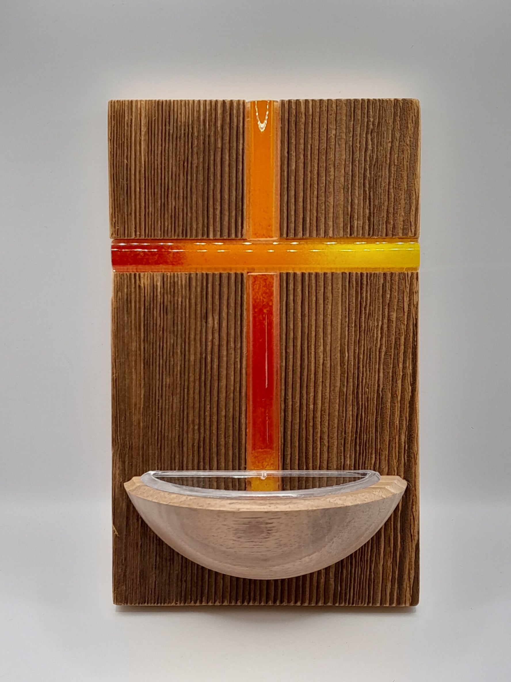 Weihwasserkessel Holz "Glaskreuz orange"