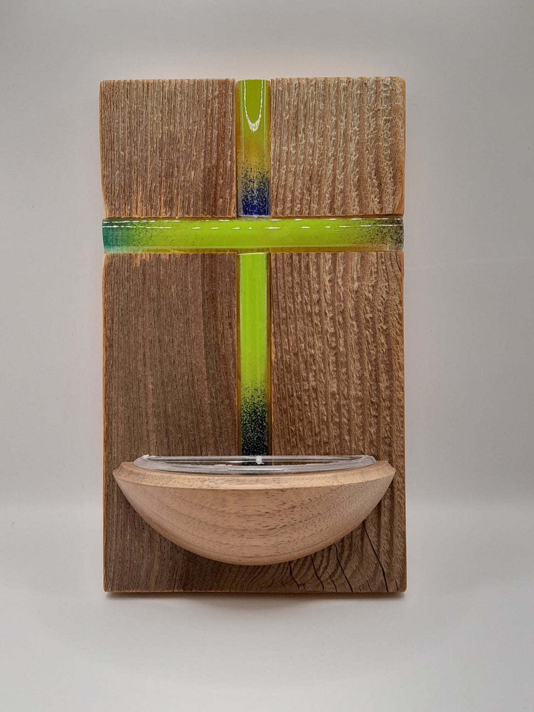 Weihwasserkessel Holz/Glas "Glaskreuz blau/grün"