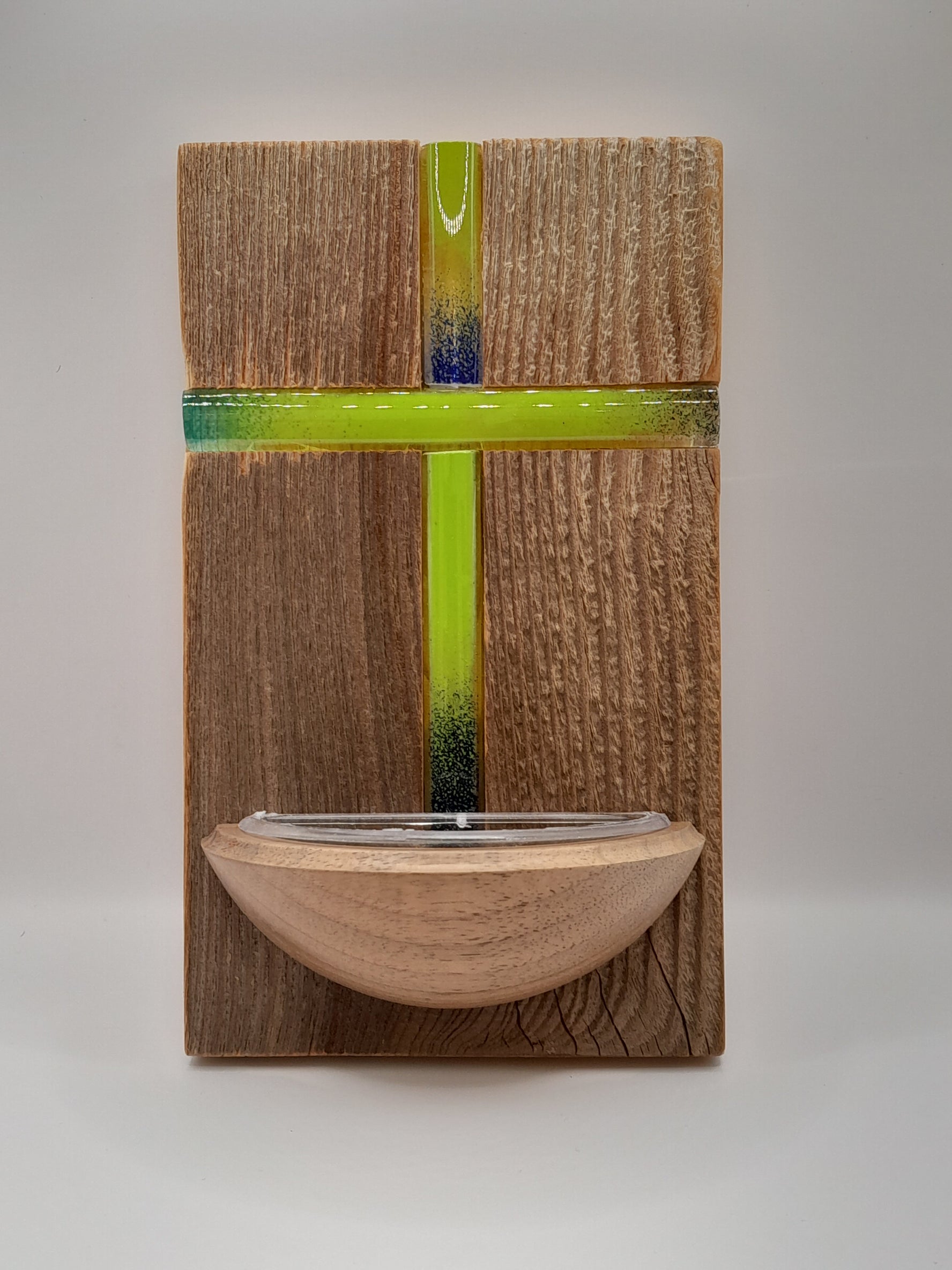 Weihwasserkessel Holz/Glas "Glaskreuz blau/grün"