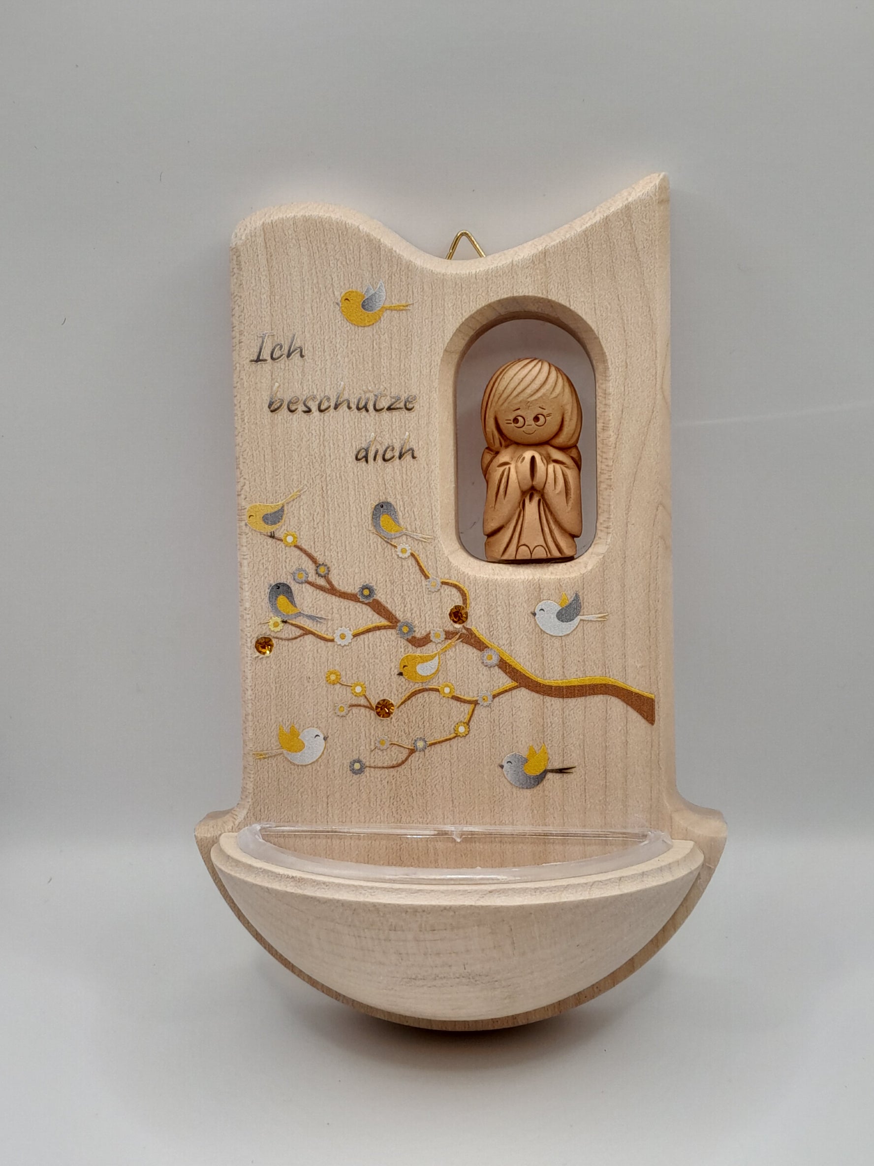 Kinder-Weihkessel Holz mit Ton-Engel "Ich beschütze dich", gelb