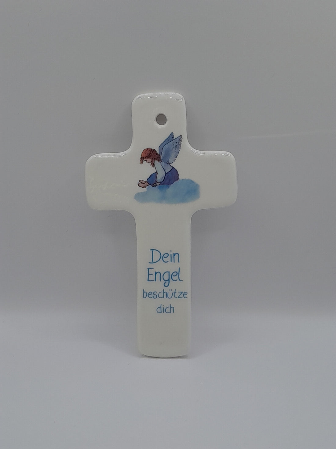 Kinderkreuz Porzellan "Dein Engel beschütze dich", blau