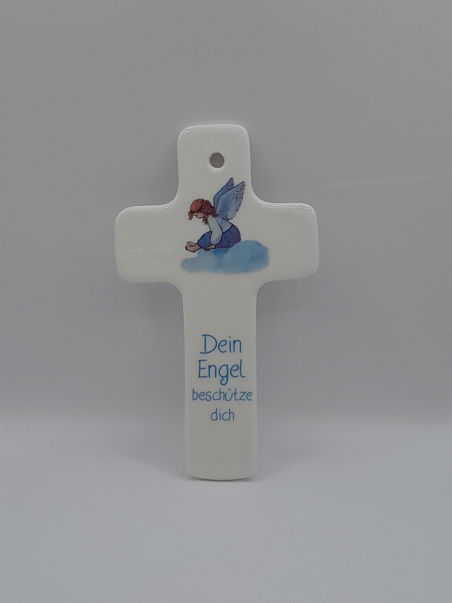 Kinderkreuz Porzellan "Dein Engel beschütze dich", blau