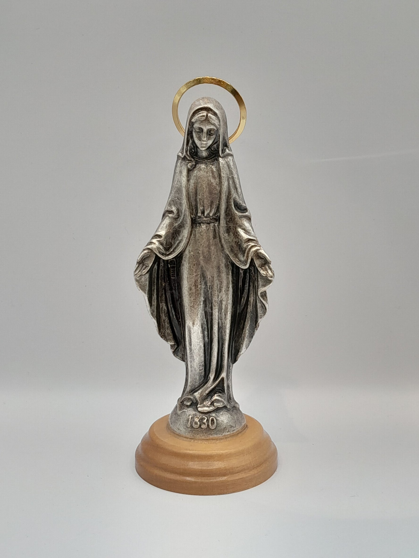 Figur Madonna, Metall mit Holzsockel