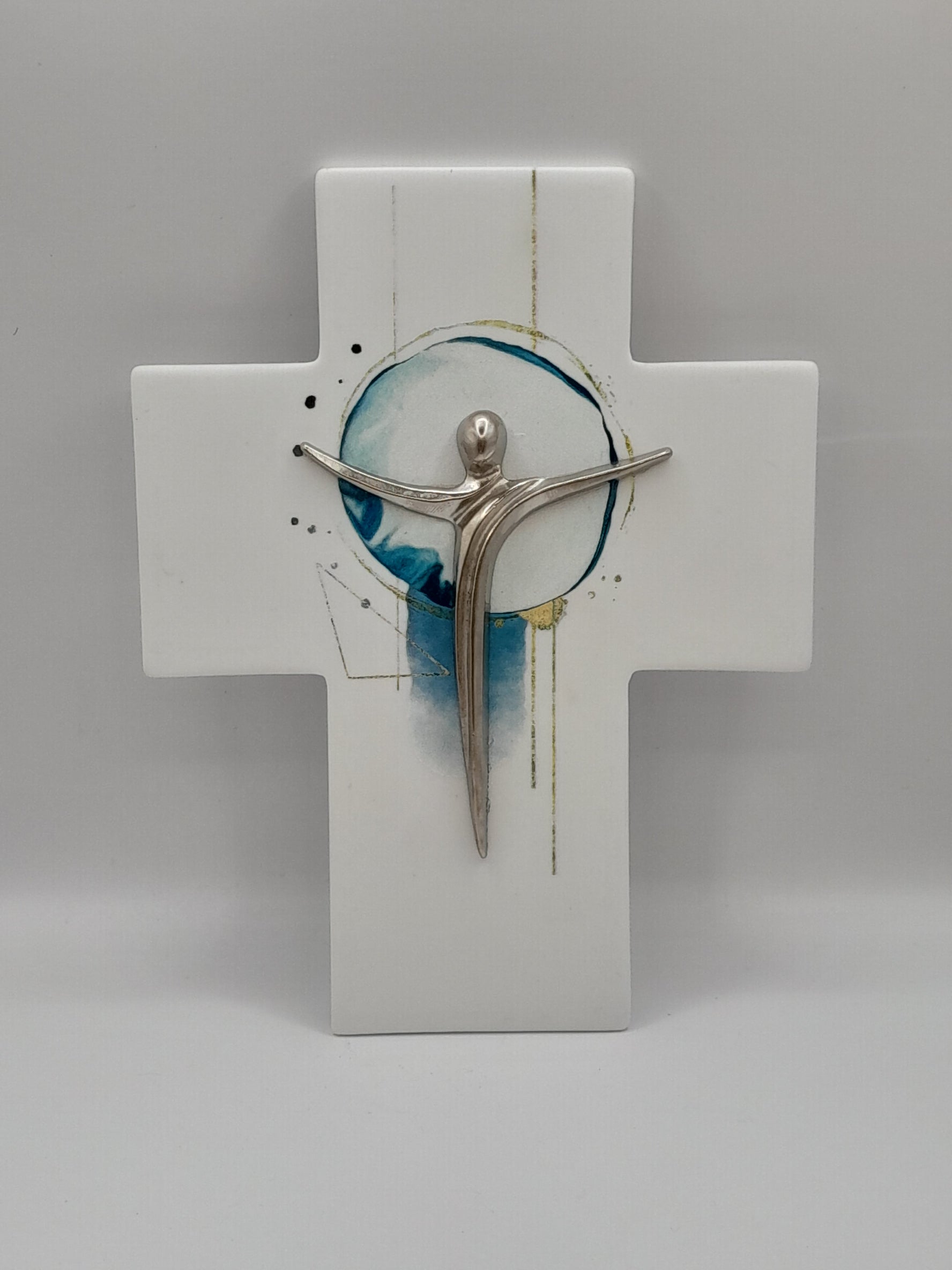 Wandkreuz Porzellan, mit Metallcorpus (blau)