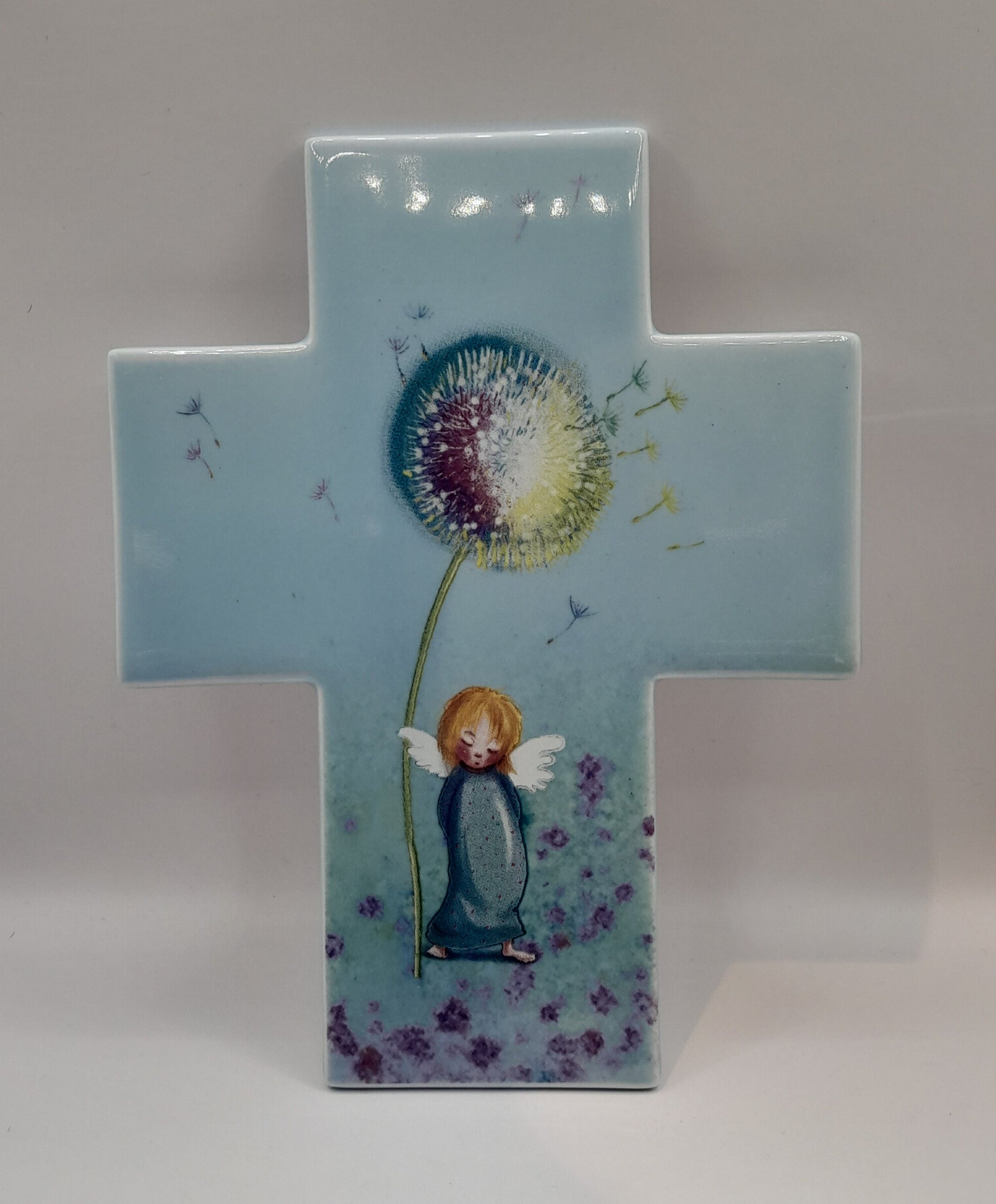 Kinderkreuz Porzellan "Blaue Pusteblume"