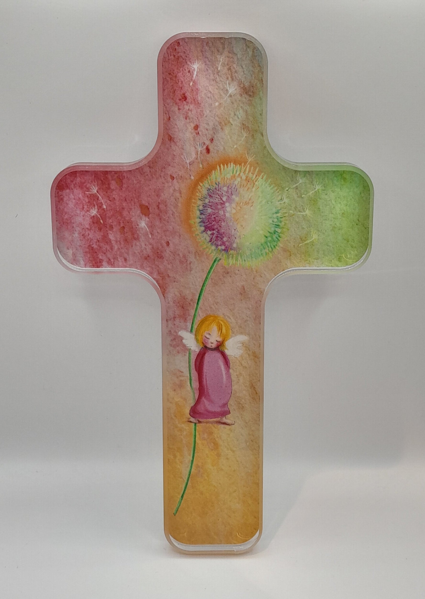 Kinderkreuz Acrylglas "Engel und Pusteblume"