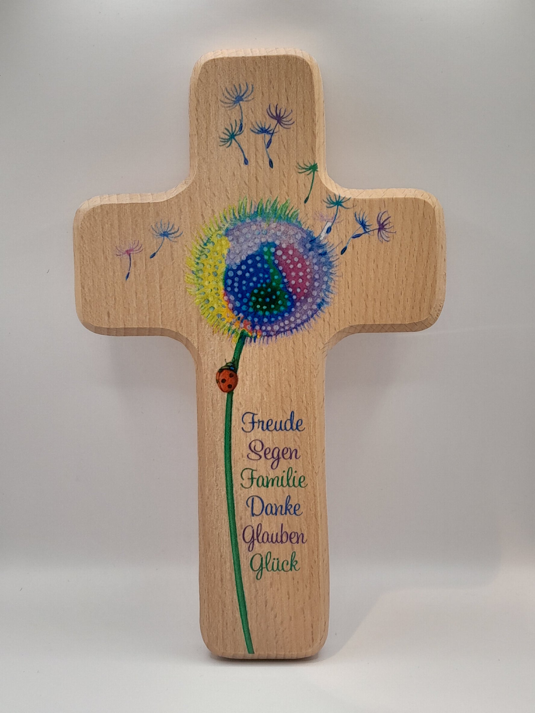 Kinderkreuz Holz "Pusteblume und Marienkäfer"