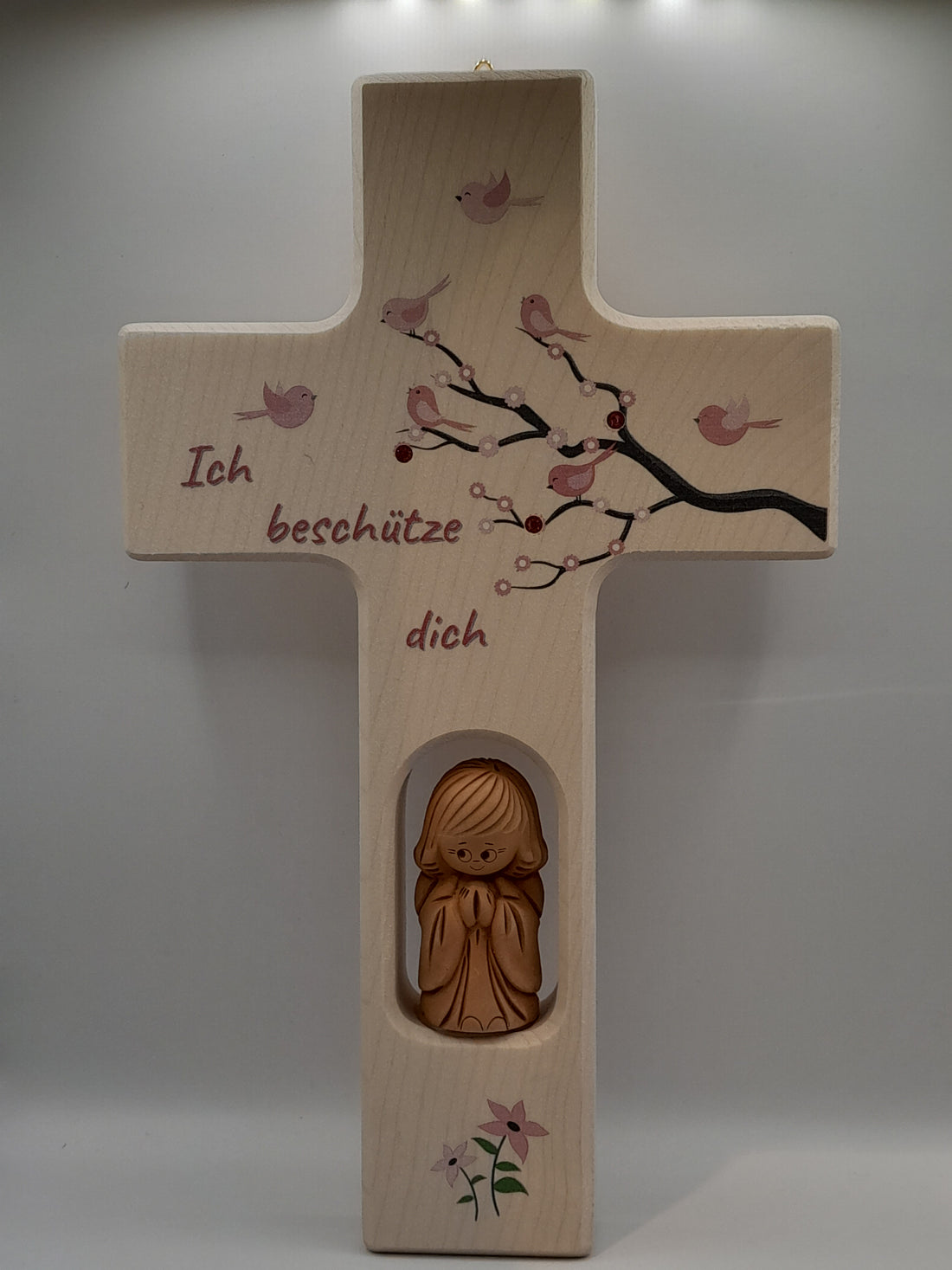 Kinderkreuz Holz mit Ton-Engel "Ich beschütze dich", rosa