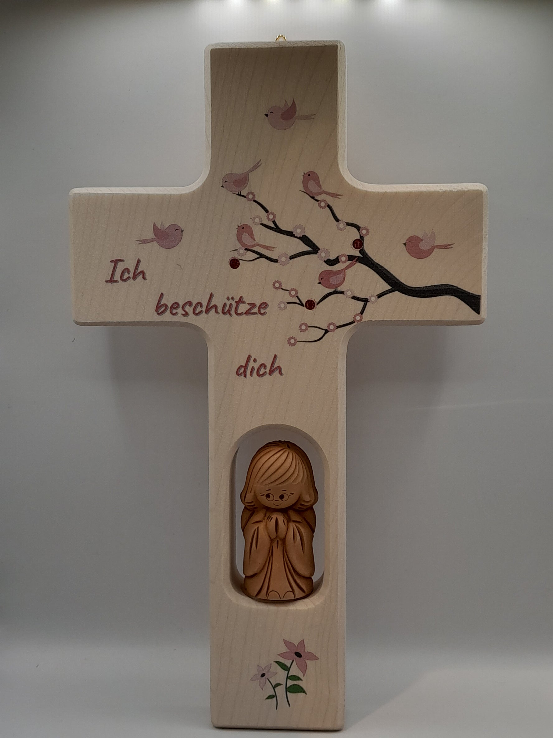 Kinderkreuz Holz mit Ton-Engel "Ich beschütze dich", rosa