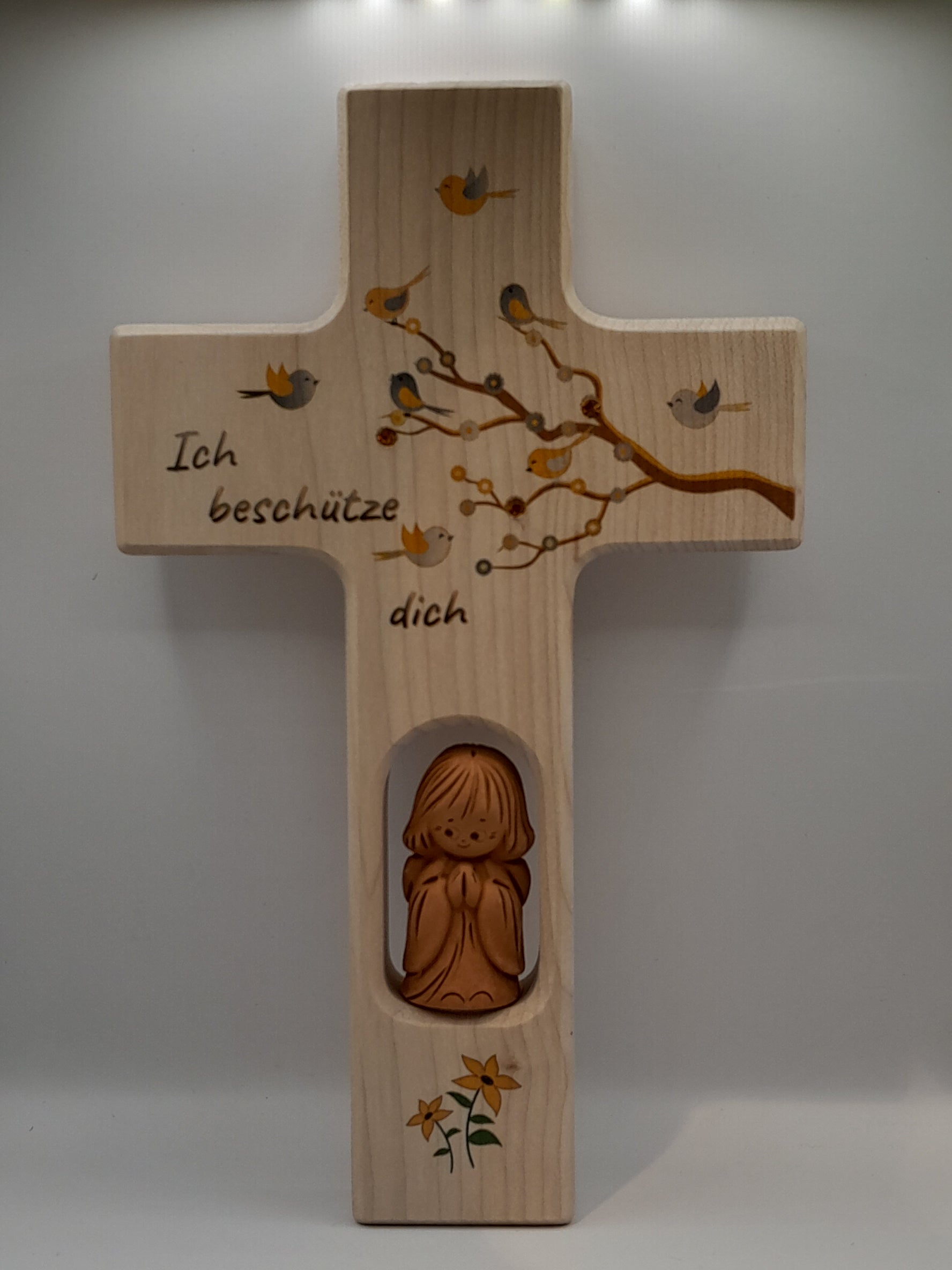 Kinderkreuz Holz mit Ton-Engel "Ich beschütze dich", gelb