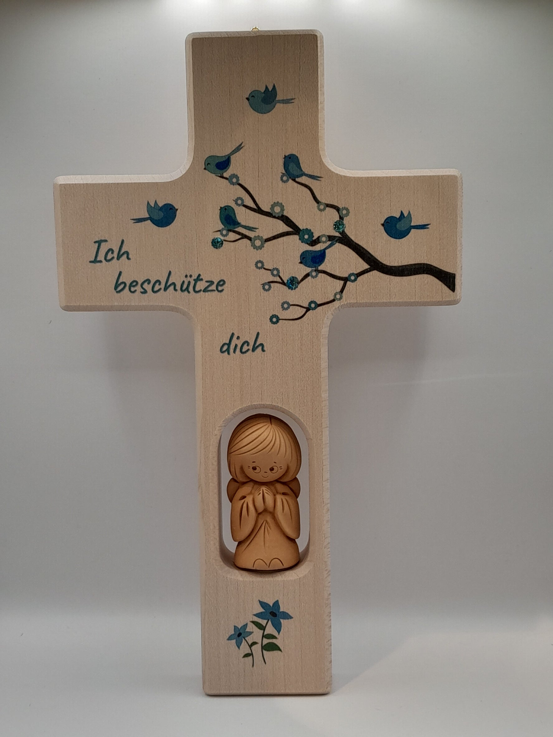 Kinderkreuz Holz mit Ton-Engel "Ich beschütze dich", blau