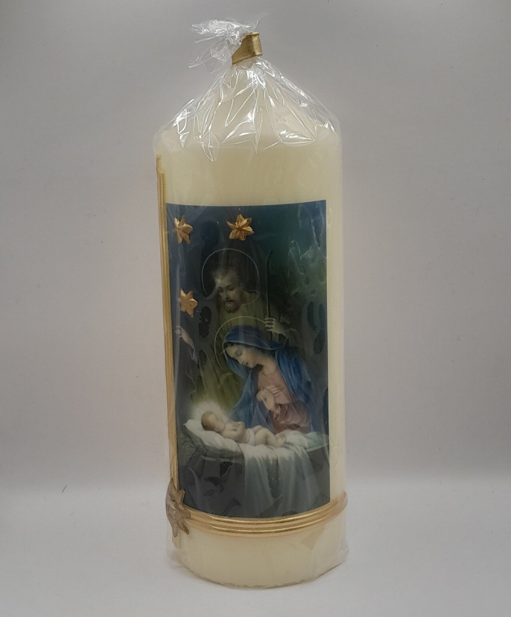 Weihnachtskerze "Geburt Christi" mit goldenen Sternen