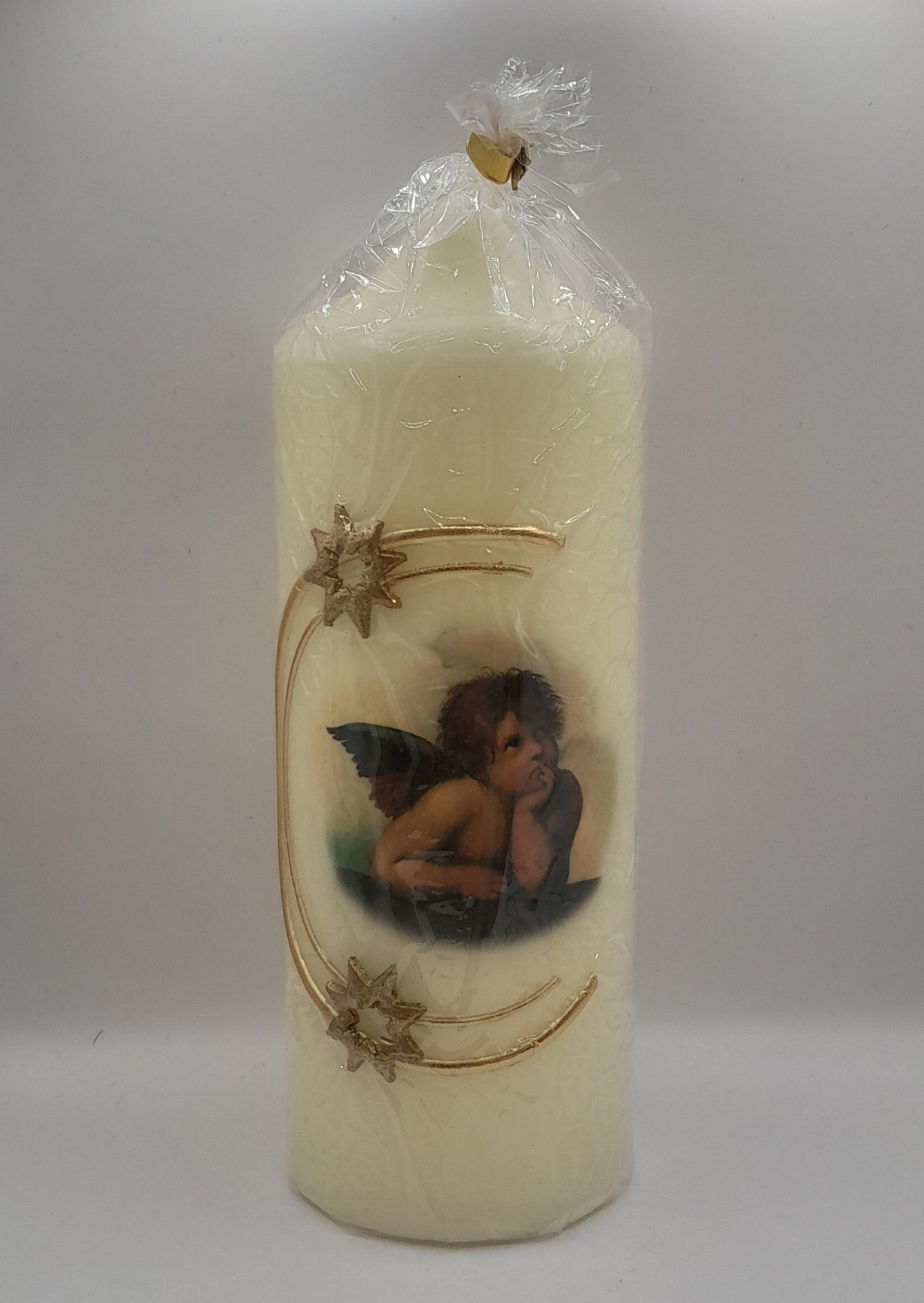 Weihnachtskerze "Raffael-Engel" mit goldenen Sternen