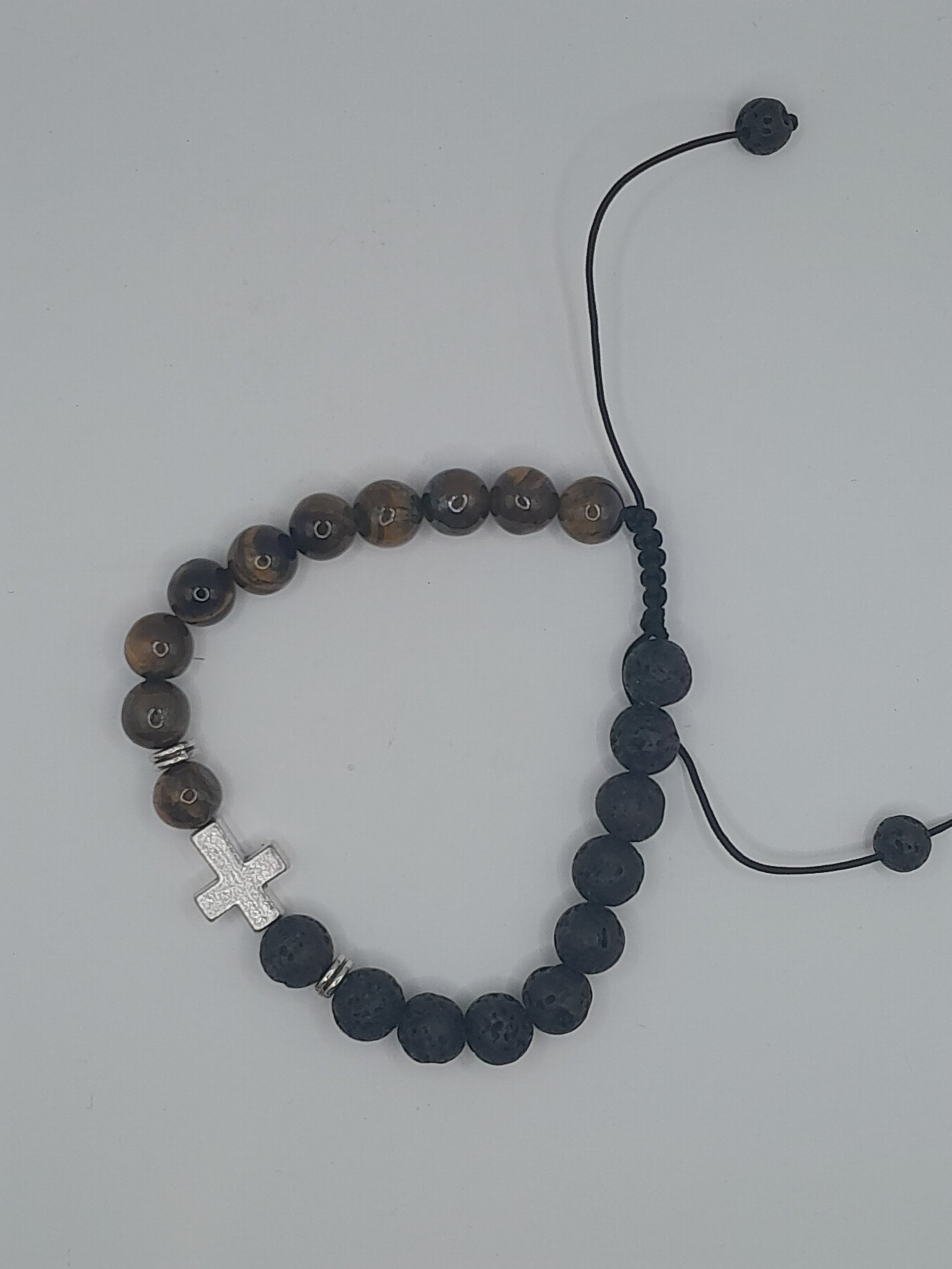 Armband mit Kreuz / Tigerauge und Lavastein