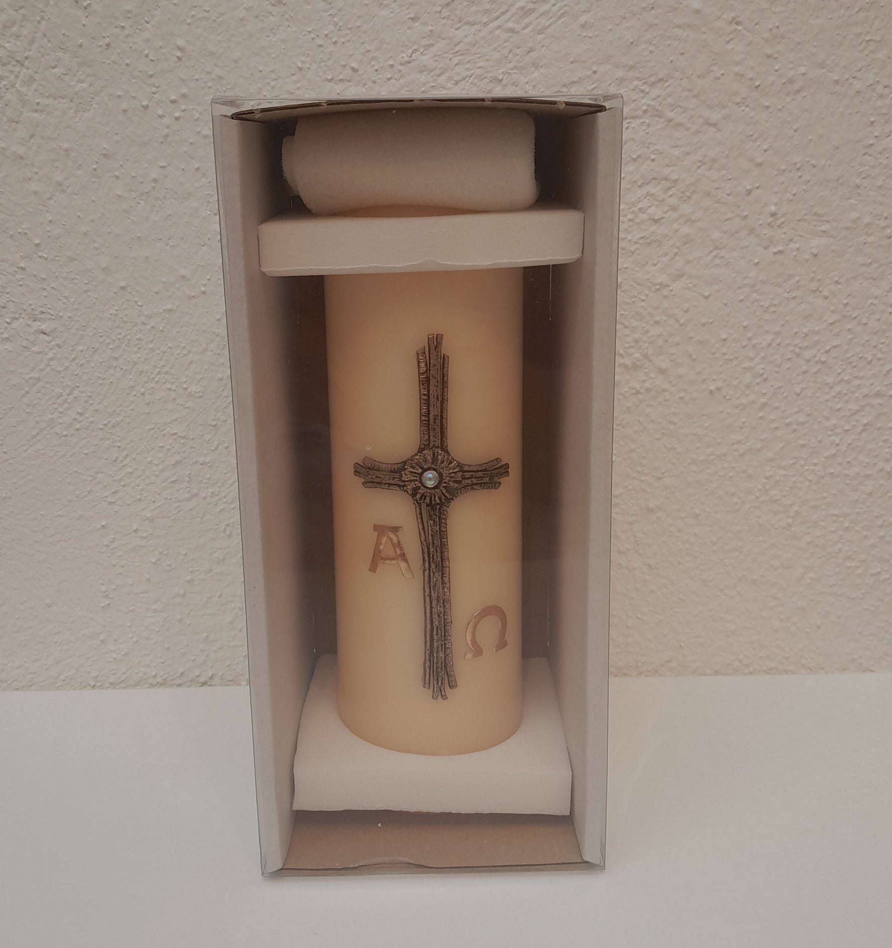 Trauerkerze / Gedenkkerze "Kreuz Alpha Omega", beige