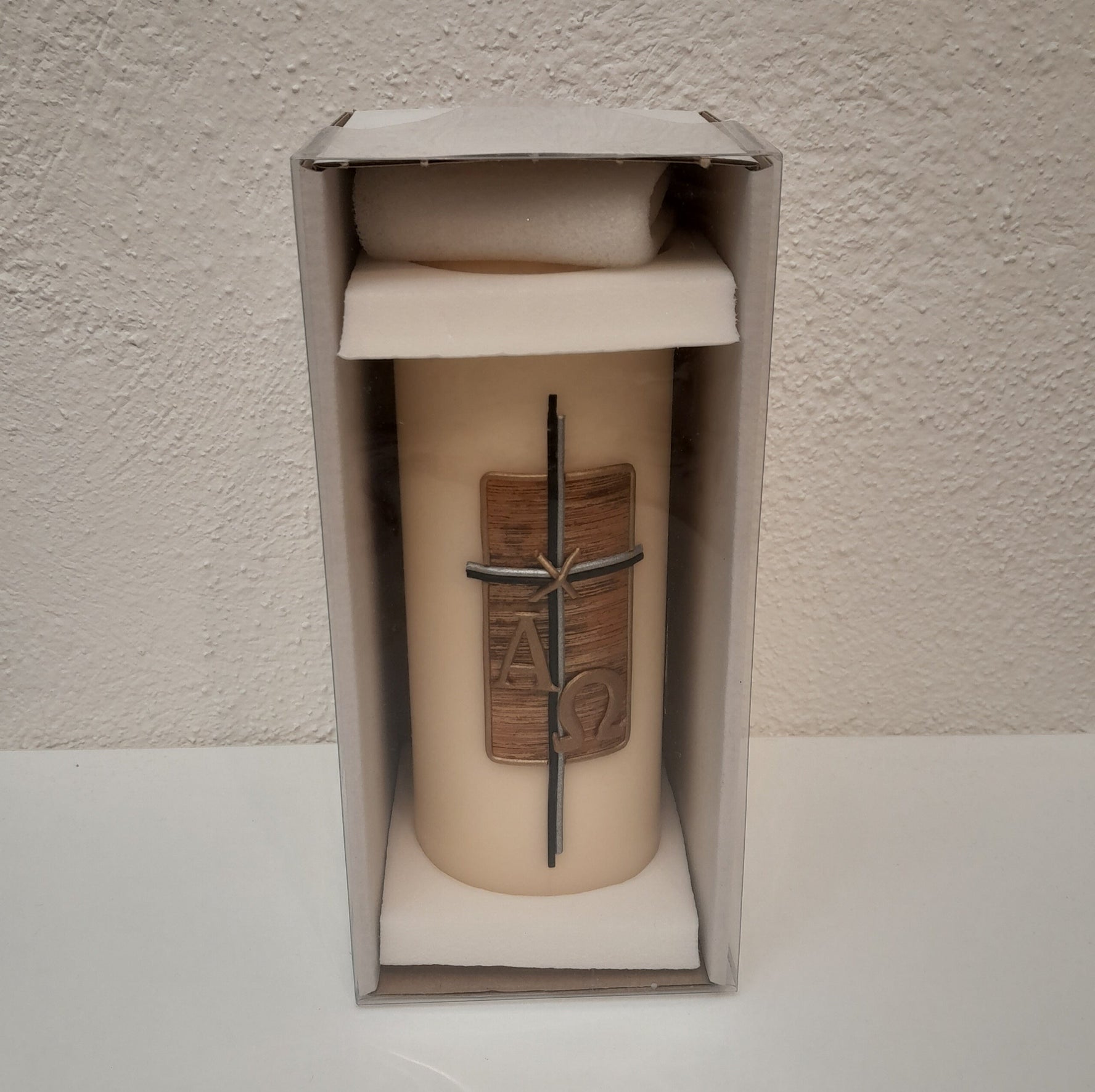 Trauerkerze / Gedenkkerze "Schwarzes Kreuz", beige