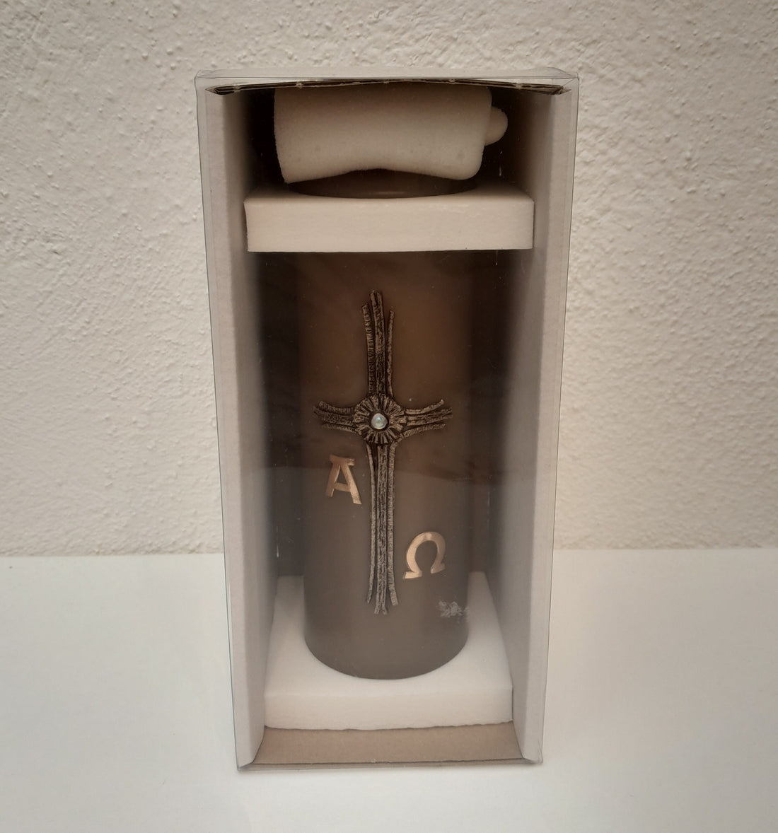 Trauerkerze / Gedenkkerze "Kreuz Alpha Omega" braun