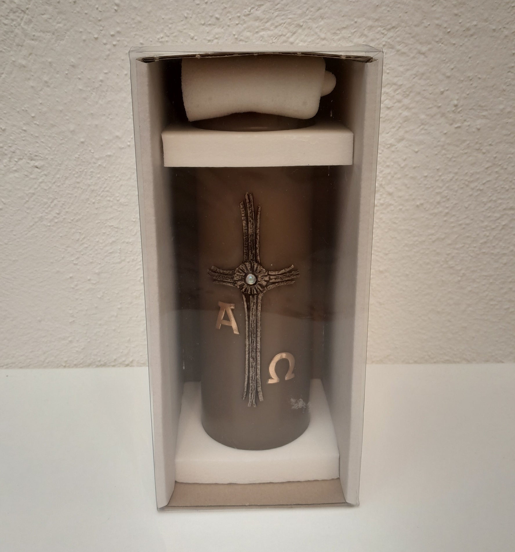 Trauerkerze / Gedenkkerze "Kreuz Alpha Omega" braun