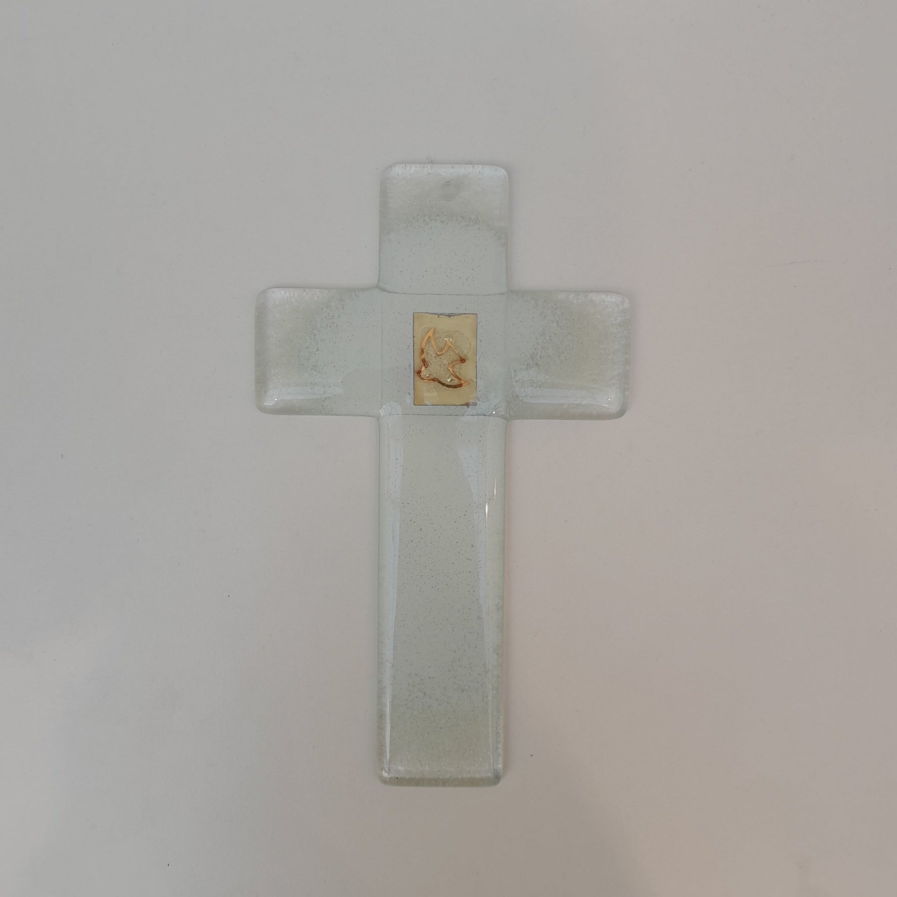 Wandkreuz Glas, weiß mit Taube