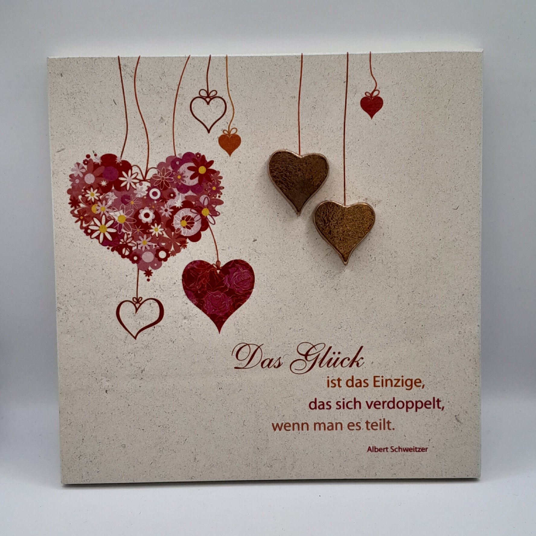 Natursteinplatte m. Bronzeherzen "Das Glück..."