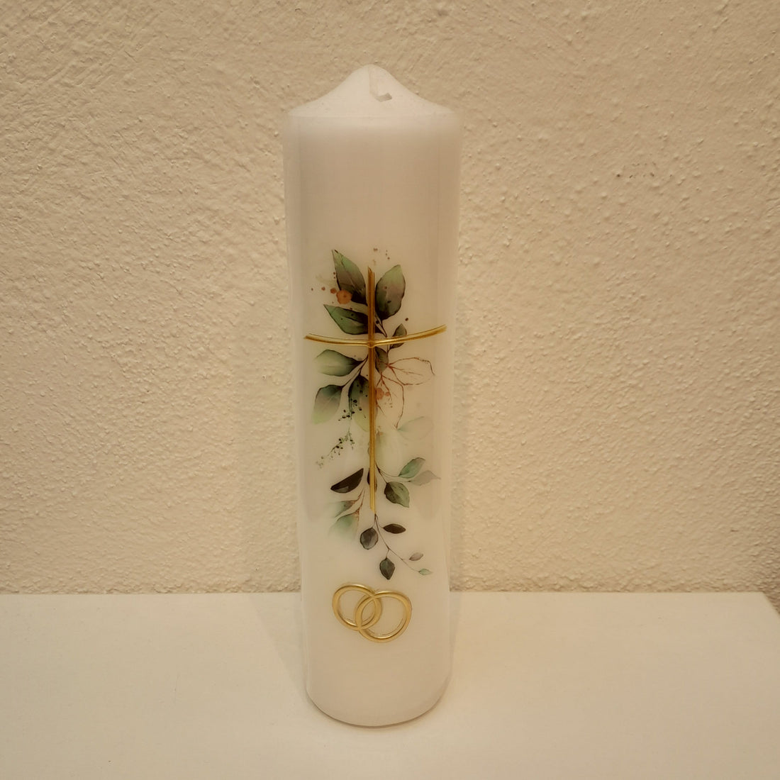 Hochzeitskerze Kreuz und Blätter