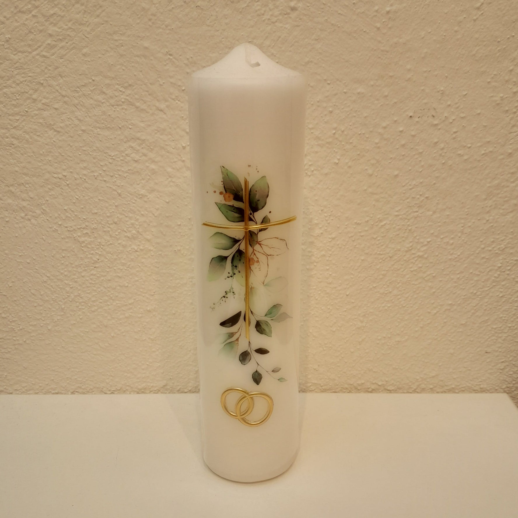 Hochzeitskerze Kreuz und Blätter