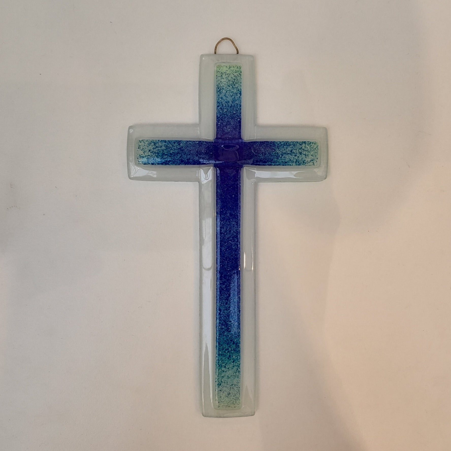 Wandkreuz Glas mit Auflage blau-türkis-grün