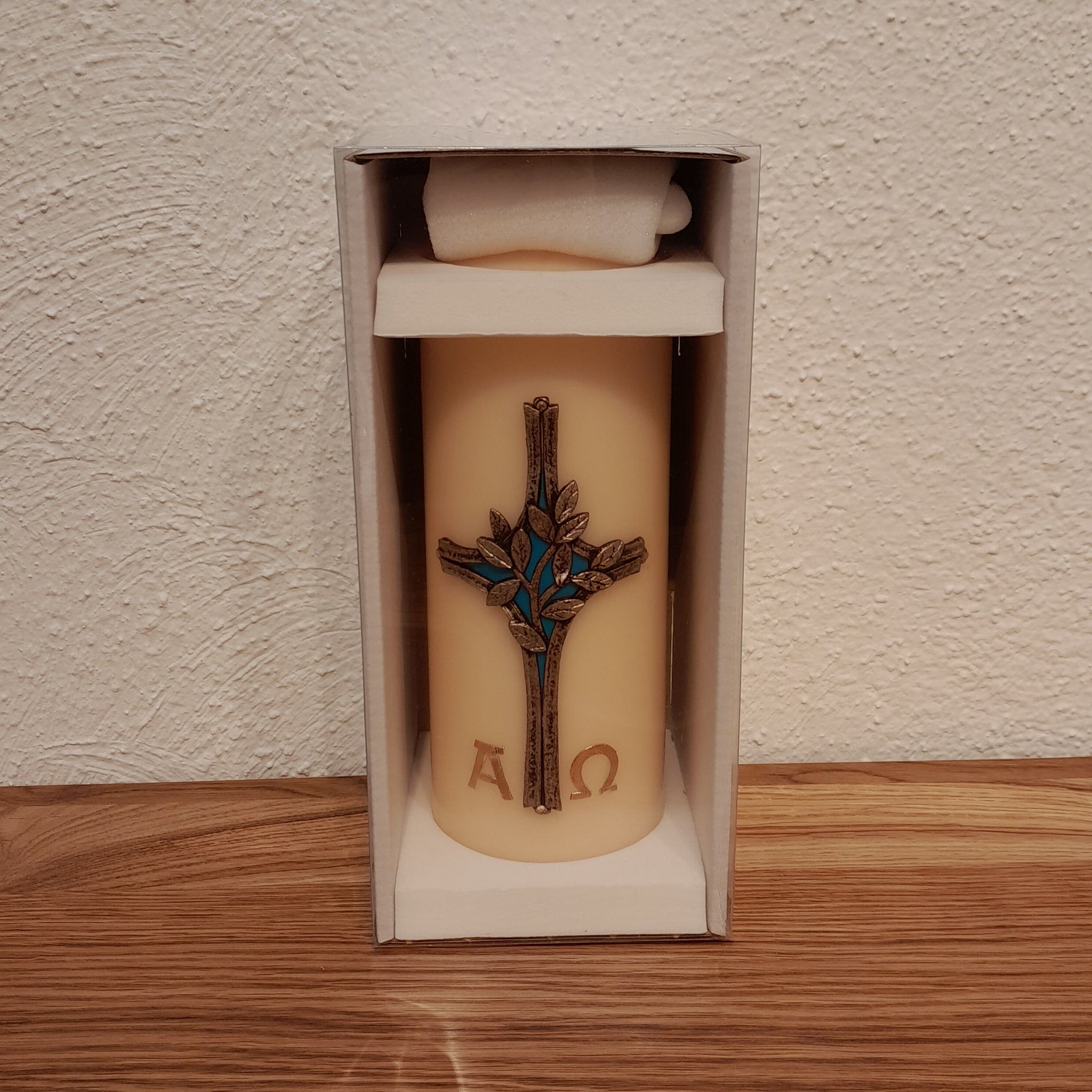Trauerkerze / Gedenkkerze "Blätterkreuz", beige