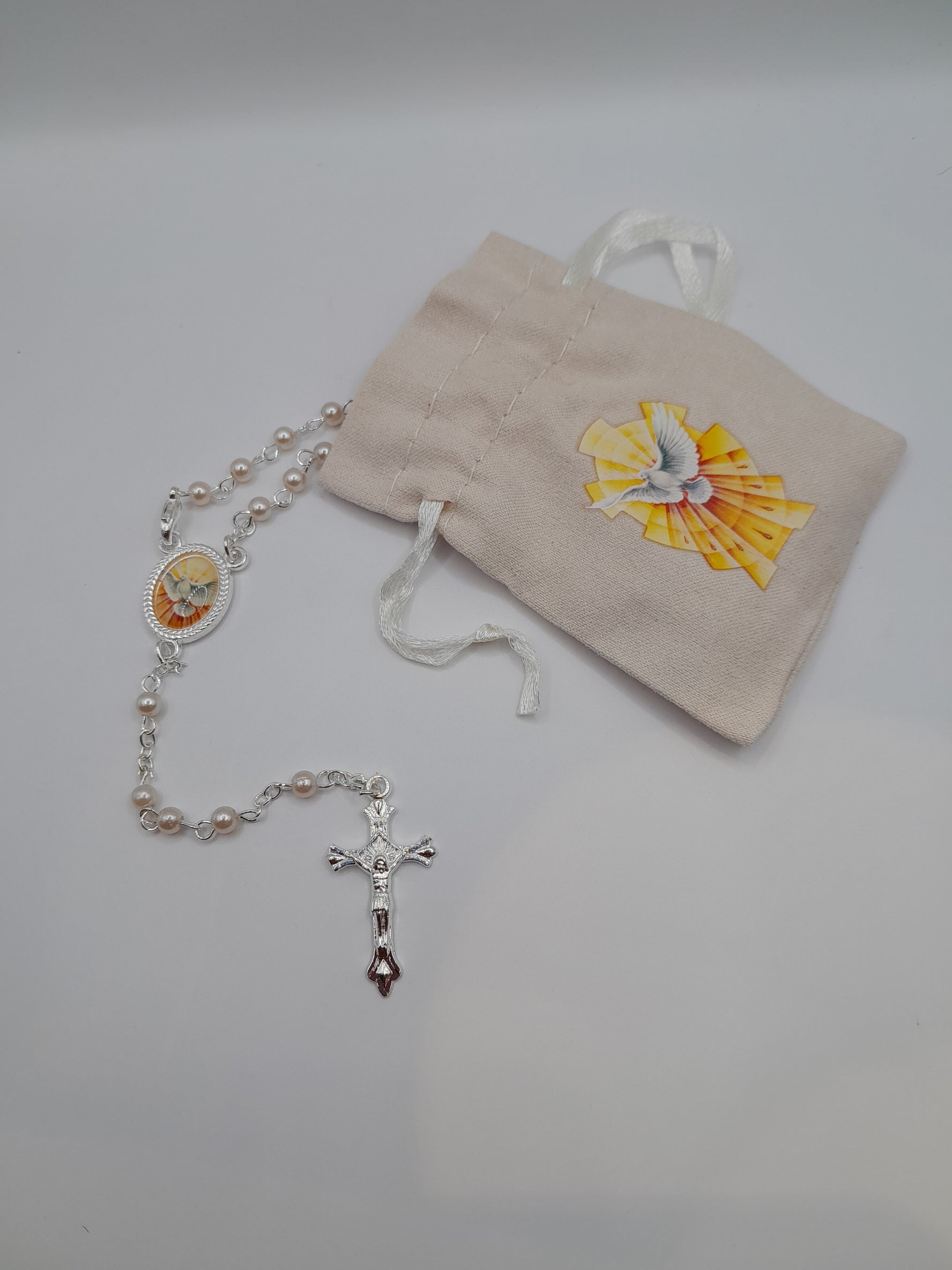 Rosenkranz weiß/ Taube im Stoffbeutel