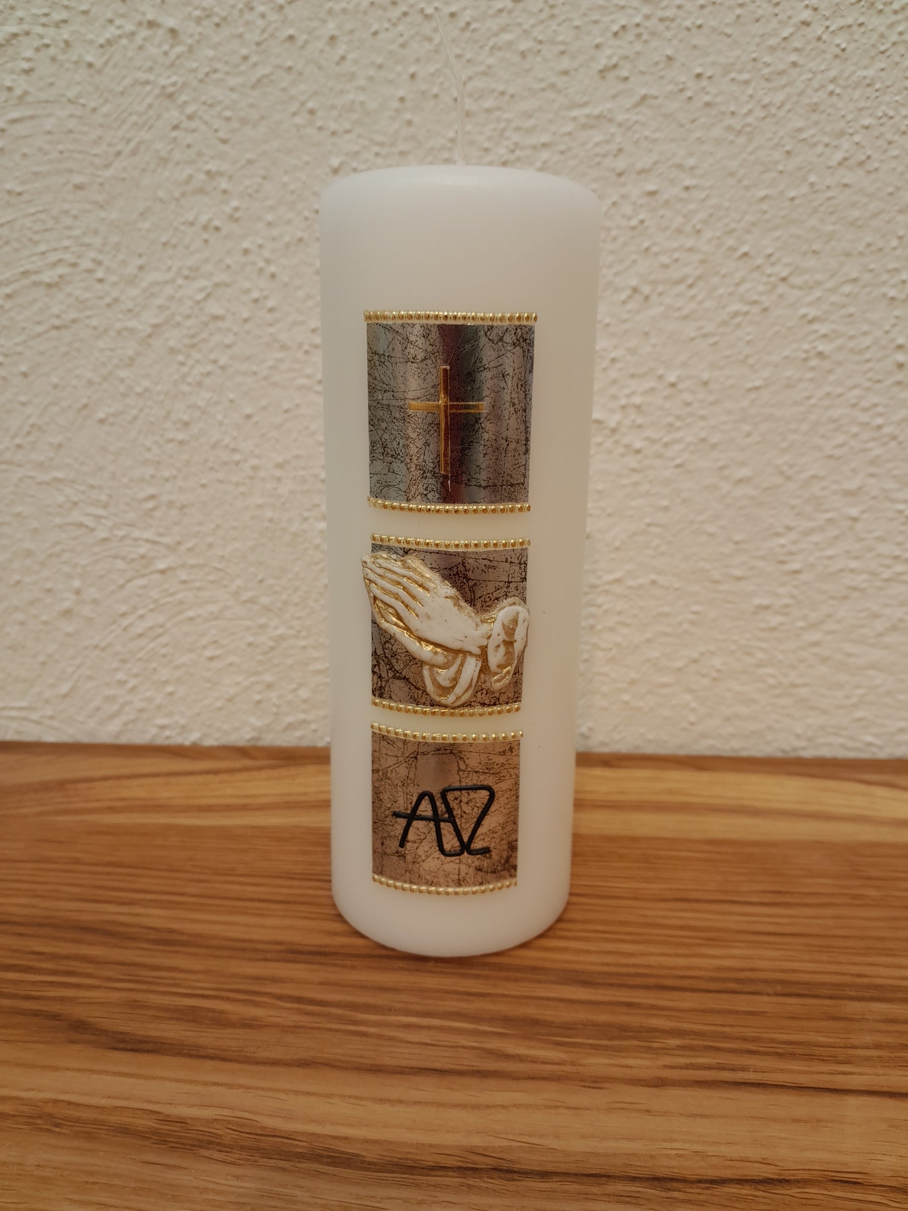 Trauerkerze " 3 Quadrate/ Kreuz/Hände/Alpha u. Omega"/ 3046