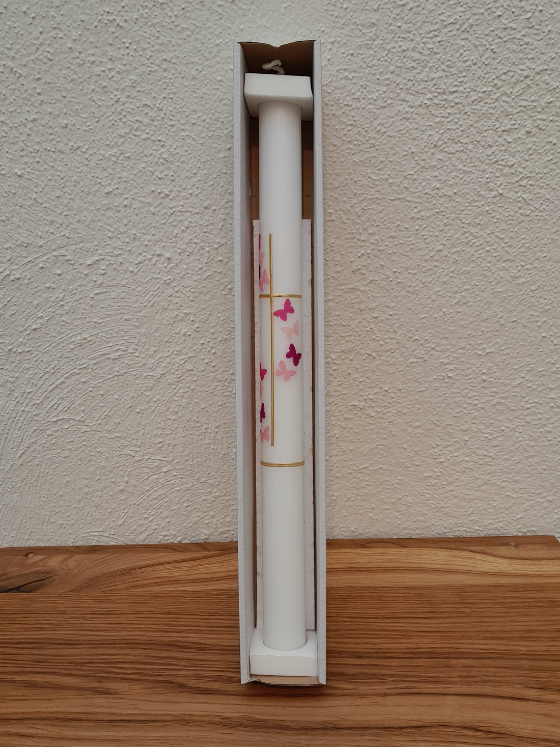 Taufkerze Kreuz/ Schmetterlinge rosa