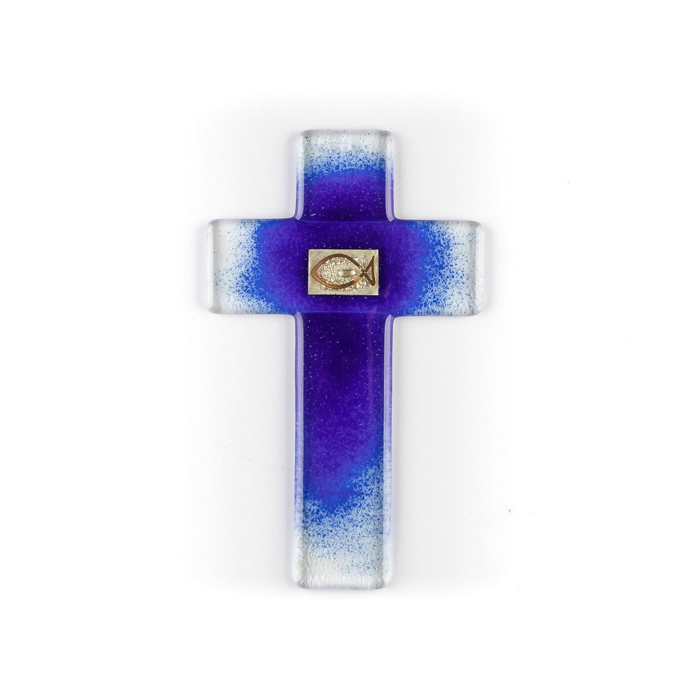 Wandkreuz Glas "Fisch blau"
