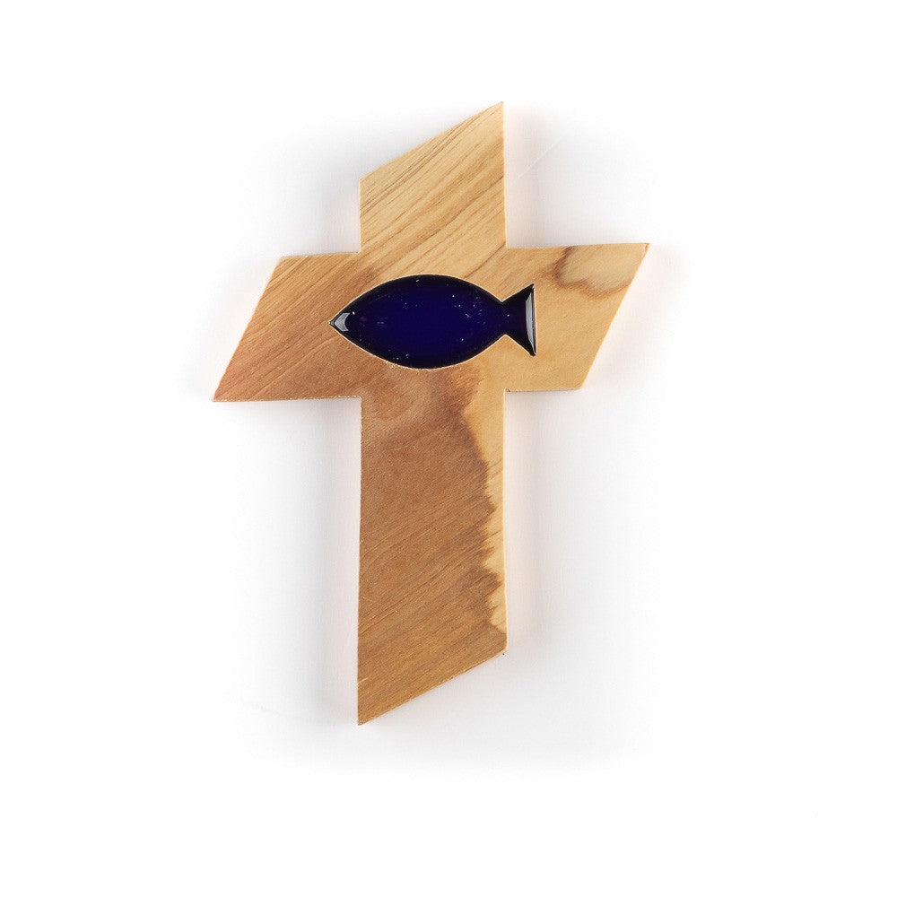 Wandkreuz Olivenholz "Fisch blau"