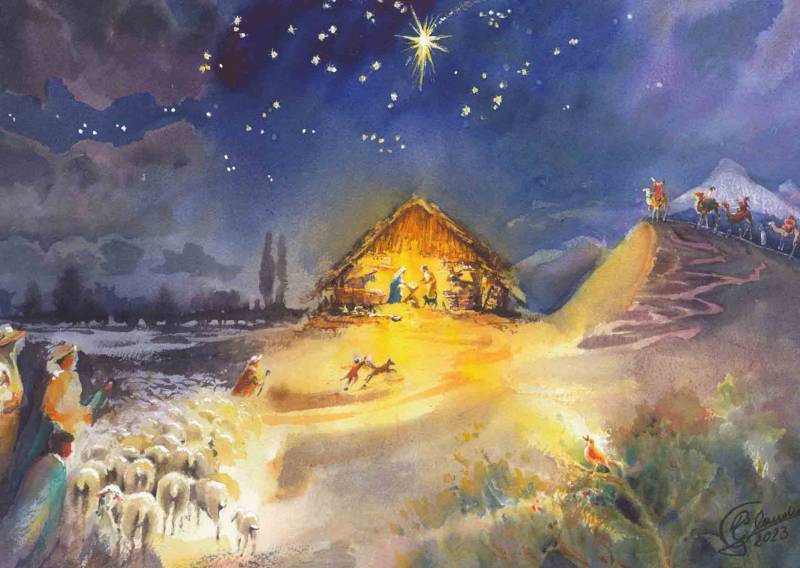 Postkarte zu Weihnachten "Licht bricht ein in tiefer Nacht"